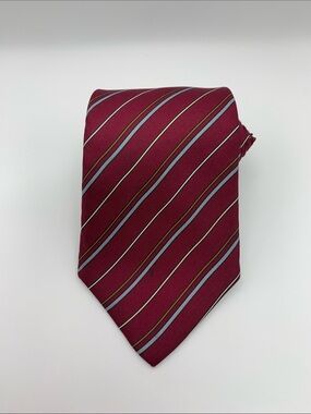 Vintage Dior Burgundy All Silk Tie with Light Blue and Gold Stripes